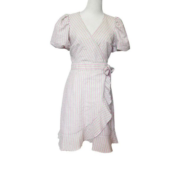 Draper James RSVP Size M Seersucker Puff Sleeve Pink, Green striped Wrap… - Picture 1 of 9